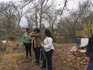 Westview neighbors discussing the shed