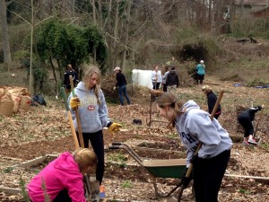 Volunteers cleaning up the garden
